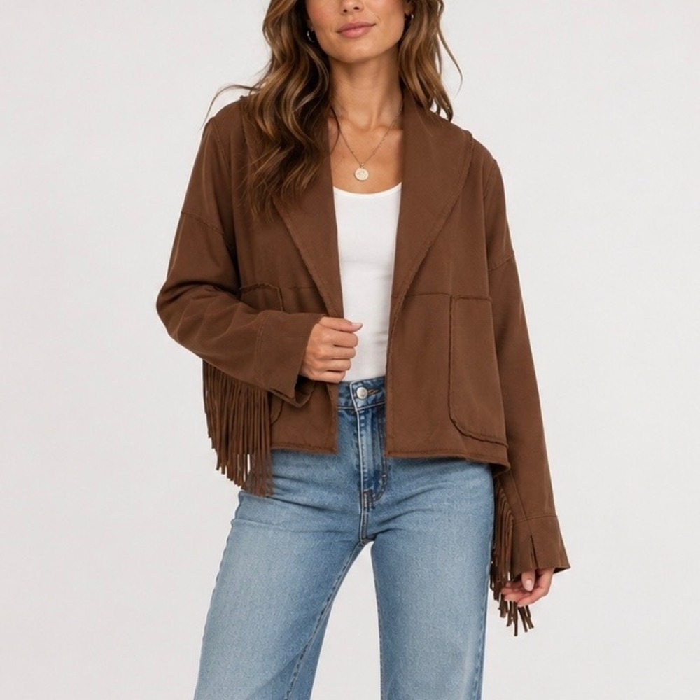 Free People Ragabond Wyatt Fringe Cardigan 100% Organic Cotton Brown Fringe XS